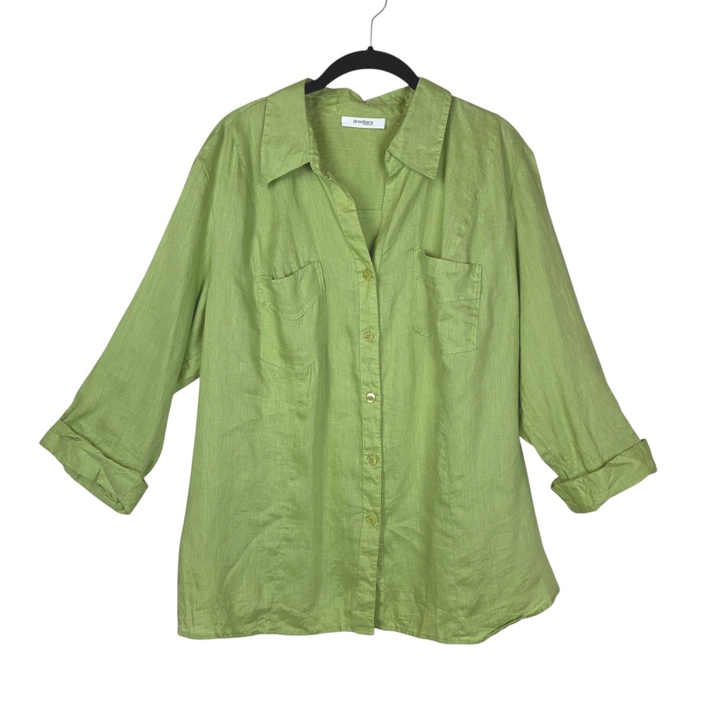 Dressbarn Women Linen Long Sleeve Button Down Shirt Size 18/20W Green Summer
